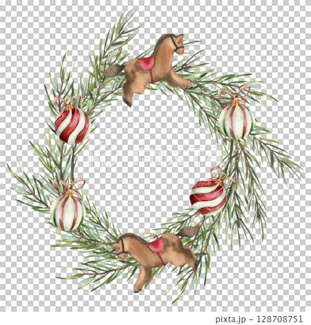 Christmas vintage watercolor wreath template with evergreen spruce,striped balls and wooden horse toy illustration. Isolated frame for New year,winter festive poster, card design Christmas vintage watercolor wreath template with evergreen spruce,striped balls and wooden horse toy illustration. Isolated frame for New year,winter festive poster, card design 128708751