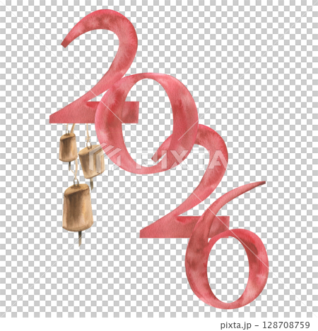 Christmas vintage 2026 lettering banner with golden bell watercolor illustration. New year decorative elements, New year and winter seasonal clipart for greeting card, invitation, web design 128708759