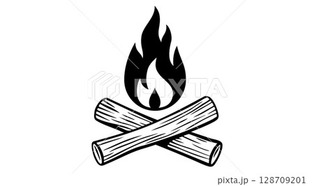 Fire, flame, bonfire. Flame fire icon, abstract style on white background. Flat burn fire symbol, bonfire sign, flame campfire emoji. Camping fireball minimal graphic style. Vector Illustration 128709201