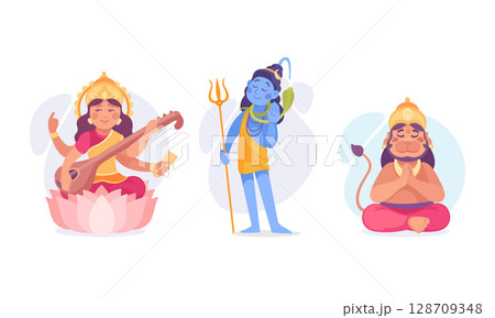 A stunning collection of Colorful Hindu Deities in an intricate Pixel Art Style 128709348