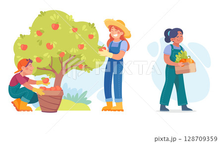 Enjoying Gardening Together Harvesting Fresh Fruits and Healthy Vegetables with Friends 128709359