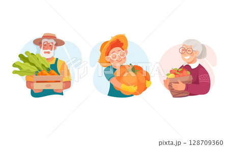 Farmers Proudly Displaying a Variety of Freshly Harvested Vegetables and Delicious Fruits 128709360