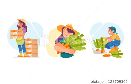 Delightful and Vibrant Farming Scenes Featuring Fresh, Colorful Vegetables and Joyful Happy Farmers 128709363