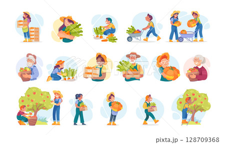 Vibrant and Engaging Illustrations Capturing the Joys of Farming and Harvesting Activities 128709368