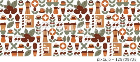 Geometric coffee pattern in minimalist Bauhaus style. Geometric line drawing. Abstract print background with simple shapes for coffee shop, food packaging, cafe wall, menu. Geometric coffee pattern in minimalist Bauhaus style. Geometric line drawing. Abstract print background with simple shapes for coffee shop, food packaging, cafe wall, menu. 128709738