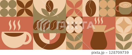 Geometric coffee pattern in minimalist Bauhaus style. Geometric line drawing. Abstract print background with simple shapes for coffee shop, food packaging, cafe wall, menu. Geometric coffee pattern in minimalist Bauhaus style. Geometric line drawing. Abstract print background with simple shapes for coffee shop, food packaging, cafe wall, menu. 128709739