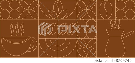 Geometric coffee pattern in minimalist Bauhaus style. Geometric line drawing. Abstract print background with simple shapes for coffee shop, food packaging, cafe wall, menu. Geometric coffee pattern in minimalist Bauhaus style. Geometric line drawing. Abstract print background with simple shapes for coffee shop, food packaging, cafe wall, menu. 128709740