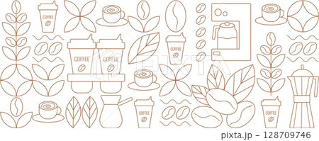 Geometric coffee pattern in minimalist Bauhaus style. Geometric line drawing. Abstract print background with simple shapes for coffee shop, food packaging, cafe wall, menu. Geometric coffee pattern in minimalist Bauhaus style. Geometric line drawing. Abstract print background with simple shapes for coffee shop, food packaging, cafe wall, menu. 128709746