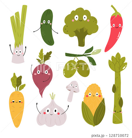 Cute Vegetables Clipart. Funny Cartoon Veggie Characters with Faces 128710072