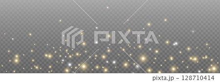 Glitter golden light and stars border. Christmas Holiday glow particle. Magic star effect. Sparkle bokeh. Shine luxury background. Festive party design. Twinkle flash. Fairy bulb. Vector illustration 128710414