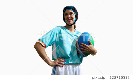 Woman rugby player holding ball and wearing protective gear, isolated on white Woman rugby player holding ball and wearing protective gear, isolated on white 128710552