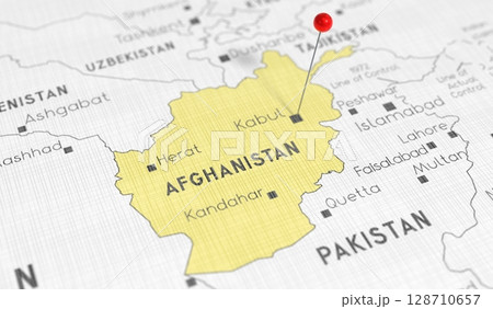 Afghanistan, Kabul - push pin on political map - 3D illustration 128710657