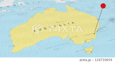 Australia, Canberra - push pin on political map - 3D illustration 128710659