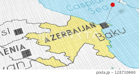 Azerbaijan, Baku - push pin on political map - 3D illustration 128710660