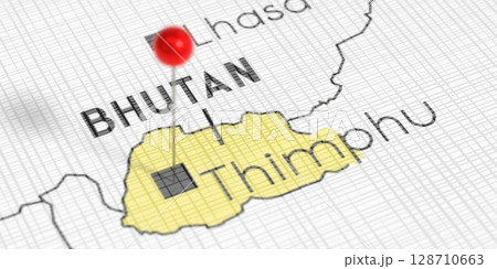 Bhutan, Thimphu - push pin on political map - 3D illustration 128710663