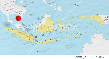 Indonesia, Jakarta - push pin on political map - 3D illustration Indonesia, Jakarta - push pin on political map - 3D illustration 128710670