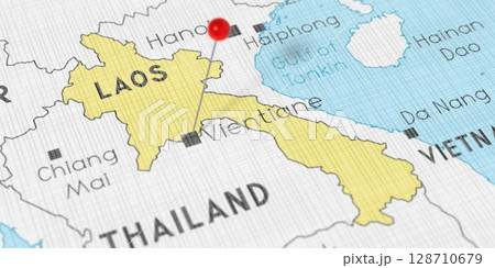 Laos, Vientiane - push pin on political map - 3D illustration 128710679