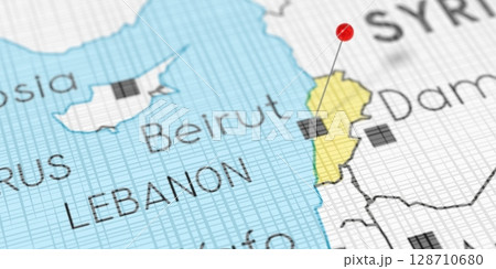 Lebanon, Beirut - push pin on political map - 3D illustration Lebanon, Beirut - push pin on political map - 3D illustration 128710680