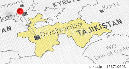 Tajikistan, Dushanbe - push pin on political map - 3D illustration 128710698