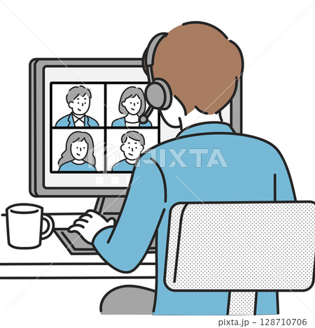 在宅勤務でオンライン会議に参加する男性のイラスト 128710706