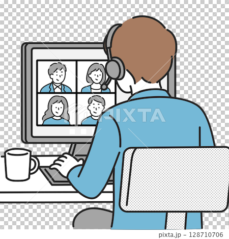 Illustration of a man participating in an online meeting while working from home 128710706