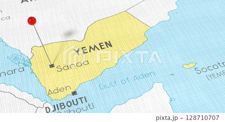 Yemen, Sanaa - push pin on political map - 3D illustration Yemen, Sanaa - push pin on political map - 3D illustration 128710707