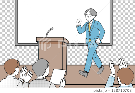 一位商人登上舞台並接受掌聲的插圖 128710708