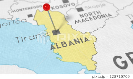 Albania, Tirana - push pin on political map - 3D illustration 128710709