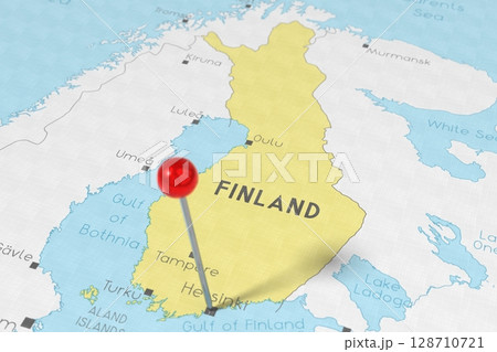 Finland, Helsinki - push pin on political map - 3D illustration Finland, Helsinki - push pin on political map - 3D illustration 128710721