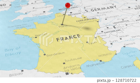 France, Paris - push pin on political map - 3D illustration 128710722