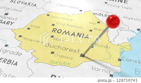Romania, Bucharest - push pin on political map - 3D illustration Romania, Bucharest - push pin on political map - 3D illustration 128710741