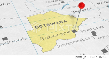 Botswana, Gaborone - push pin on political map - 3D illustration Botswana, Gaborone - push pin on political map - 3D illustration 128710780