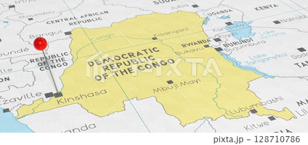 Democratic Republic of the Congo, Kinshasa - push pin on political map - 3D illustration 128710786