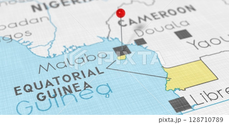 Equatorial Guinea, Malabo - push pin on political map - 3D illustration 128710789