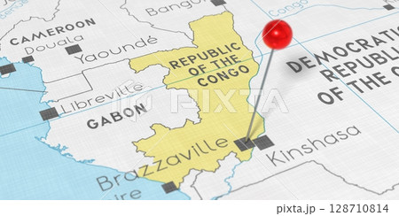 Republic of the Congo, Brazzaville - push pin on political map - 3D illustration 128710814