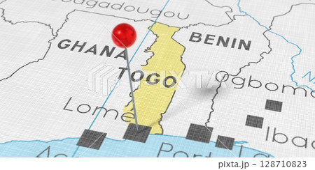 Togo, Lome - push pin on political map - 3D illustration Togo, Lome - push pin on political map - 3D illustration 128710823