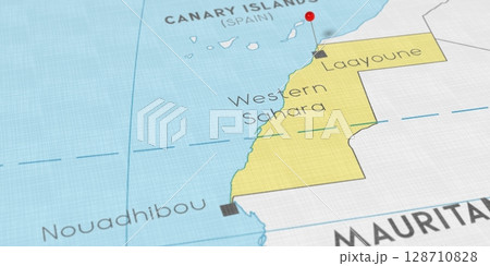 Western Sahara, Laayoune - push pin on political map - 3D illustration 128710828