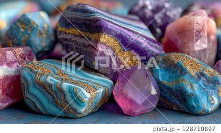 Close-up of a vivid red crystal geode with gold accents and layered mineral textures, surrounded by polished stones 128710897