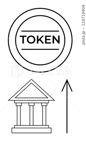 Circular token labeled TOKEN above a bank building with an upward arrow alongside. Ideal for finance, banking, cryptocurrency, investments, growth analysis, economics, digital currency. Line metaphor Circular token labeled TOKEN above a bank building with an upward arrow alongside. Ideal for finance, banking, cryptocurrency, investments, growth analysis, economics, digital currency. Line metaphor 128710909