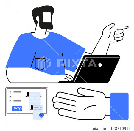 Man working on laptop and pointing, payment forms with pay button, hand gesture icon. Ideal for technology, digital transactions, business, finance, online payment, customer support remote work Man working on laptop and pointing, payment forms with pay button, hand gesture icon. Ideal for technology, digital transactions, business, finance, online payment, customer support remote work 128710911