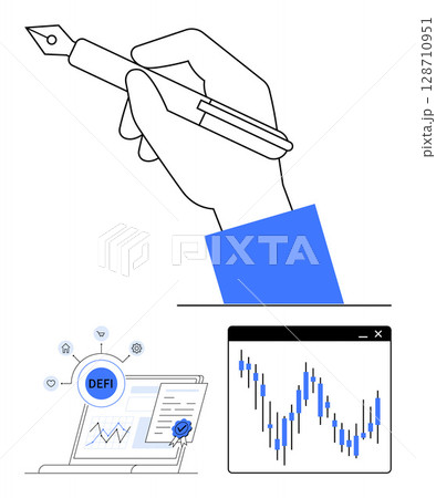Hand holding pen, laptop with decentralized finance interface, window showing financial graph. Ideal for fintech, decentralized finance, cryptocurrency, trading, investments, technology business 128710951