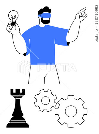Man wearing virtual reality headset holds a lightbulb, points ahead, with a chess rook and gears below. Ideal for innovation, technology, strategy, virtual reality, creativity, engineering future Man wearing virtual reality headset holds a lightbulb, points ahead, with a chess rook and gears below. Ideal for innovation, technology, strategy, virtual reality, creativity, engineering future 128710992