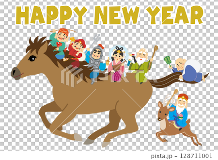 New Year's card illustration Year of the Horse Seven Lucky Gods HAPPY NEW YEAR New Year's card illustration Year of the Horse Seven Lucky Gods HAPPY NEW YEAR 128711001
