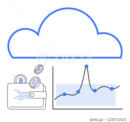 Cloud shape digital wallet cryptocurrency coins data chart. Ideal for finance, technology, cloud computing, cryptocurrency, data analysis, banking solutions, financial growth. Line metaphor 128711021