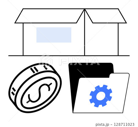 Business package, coin with dollar sign, and folder with gear icon. Ideal for logistics, finance, business management, operations, packaging administration and technology topics. Line metaphor 128711023