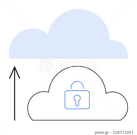 Arrow pointing towards cloud with lock icon inside. Ideal for data security, cloud storage, digital privacy, cybersecurity, encryption, secure data access, cloud computing. Line metaphor 128711051