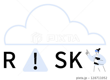 Cloud outline with RSK text, exclamation inside a triangle, and professional pointing. Ideal for technology, security, business, finance, education consulting innovation themes. Line metaphor 128711052