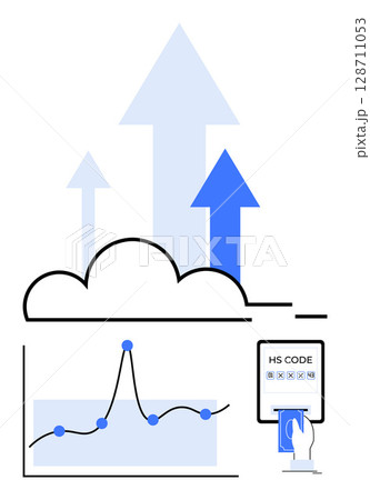 Arrows rise from cloud over graph hand inputs code. Ideal for tech, data, growth, security, innovation, business, analytics. Line metaphor Arrows rise from cloud over graph hand inputs code. Ideal for tech, data, growth, security, innovation, business, analytics. Line metaphor 128711053