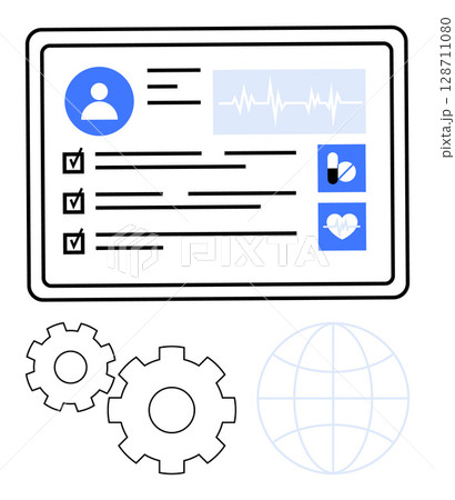 Tablet screen with user profile, heartbeat graph, medical checklist, pills, and heart icons. Gears and globe for medical system integration, digital healthcare, and diagnostics. Line metaphor Tablet screen with user profile, heartbeat graph, medical checklist, pills, and heart icons. Gears and globe for medical system integration, digital healthcare, and diagnostics. Line metaphor 128711080