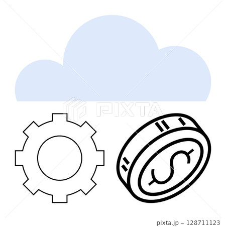 Cloud shape above a gear and coin icon depicting technological advancement, financial growth, and operational efficiency. Ideal for finance, cloud computing, technology integration, economic 128711123